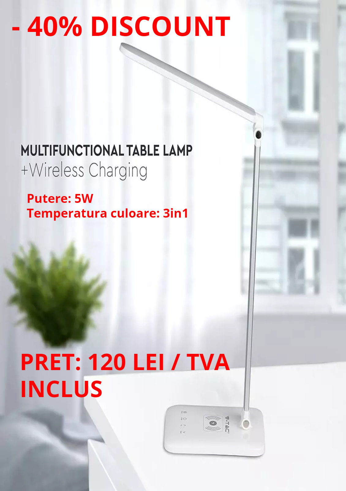 Lampa de birou V-TAC, Incarcare Wireless